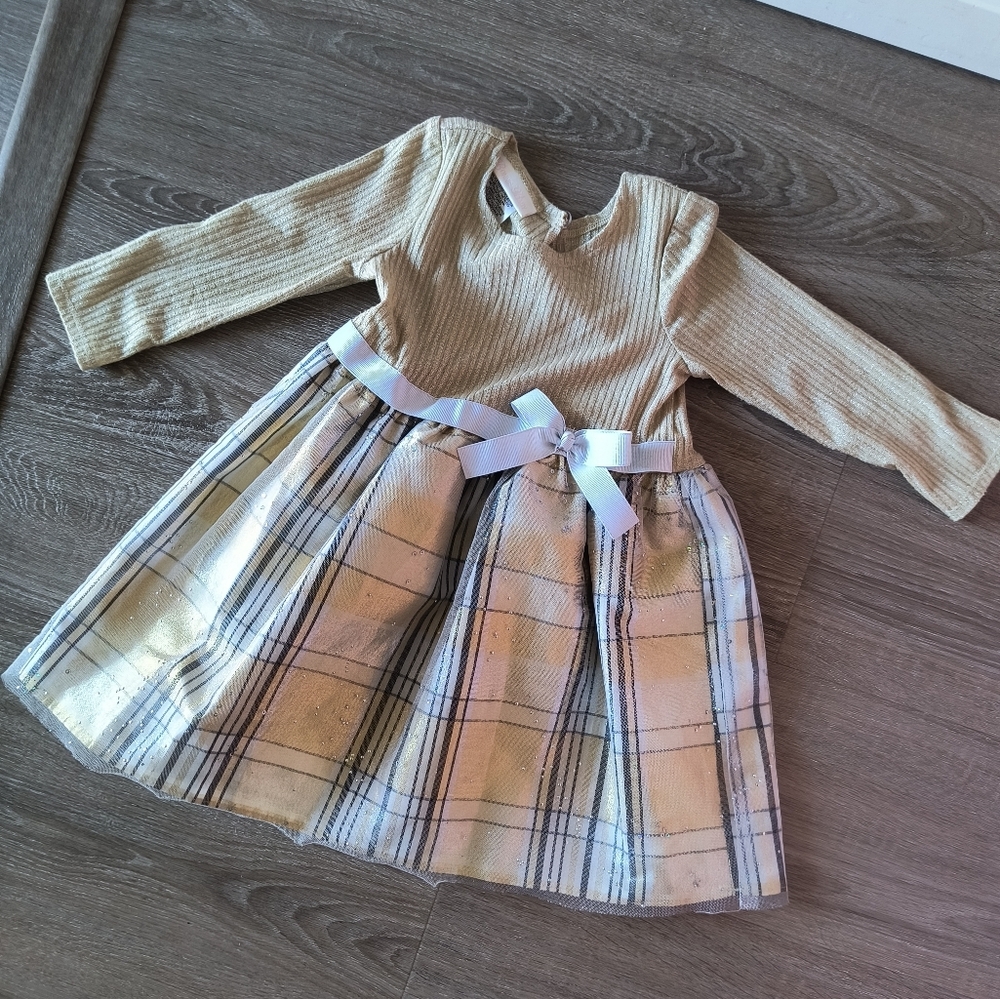 Girls Bonnie Jean Holiday Christmas Dress Gold Knit Plaid Size 24 Months
